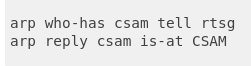 A screenshot of tcpdump output reading:
arp who-has csam tell rtsg
arp reply csam is-at CSAM